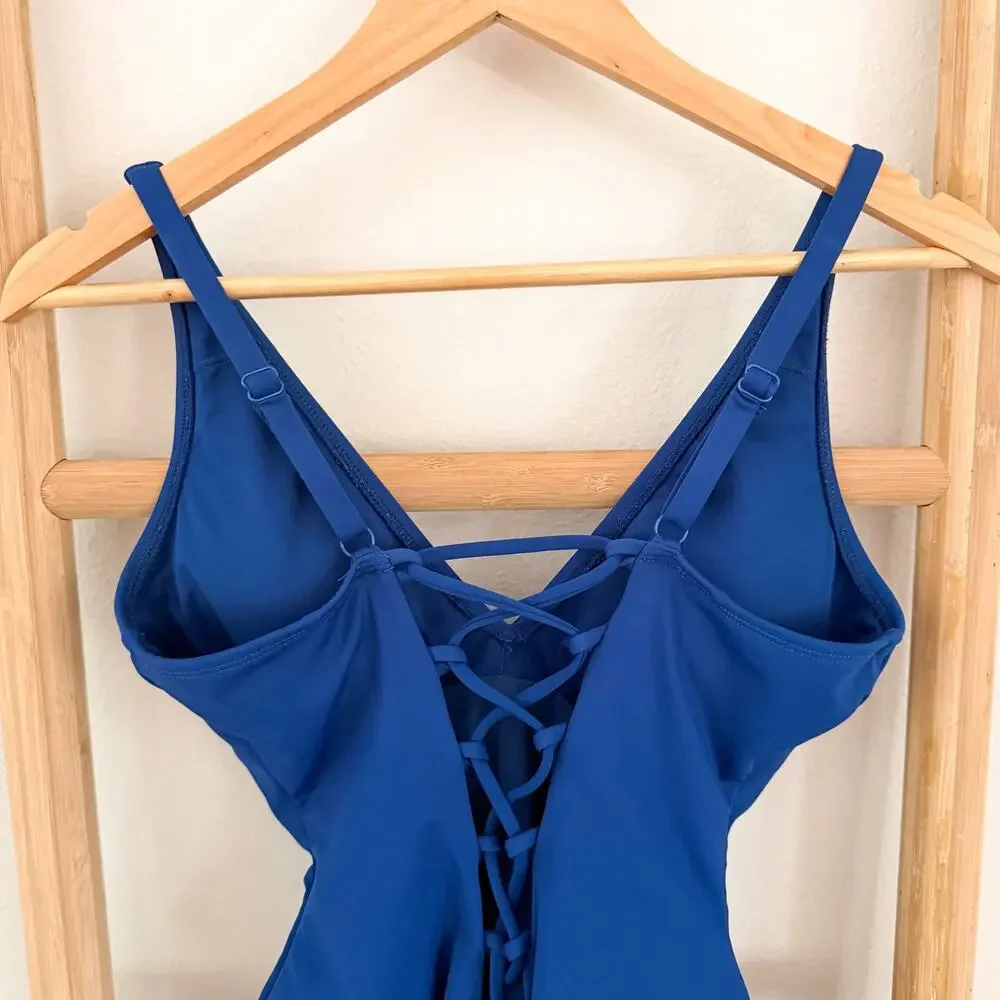 NWOT TA3 Plungey One Piece Swimsuit Sapphire Blue Lace Up Back Shapewear Medium